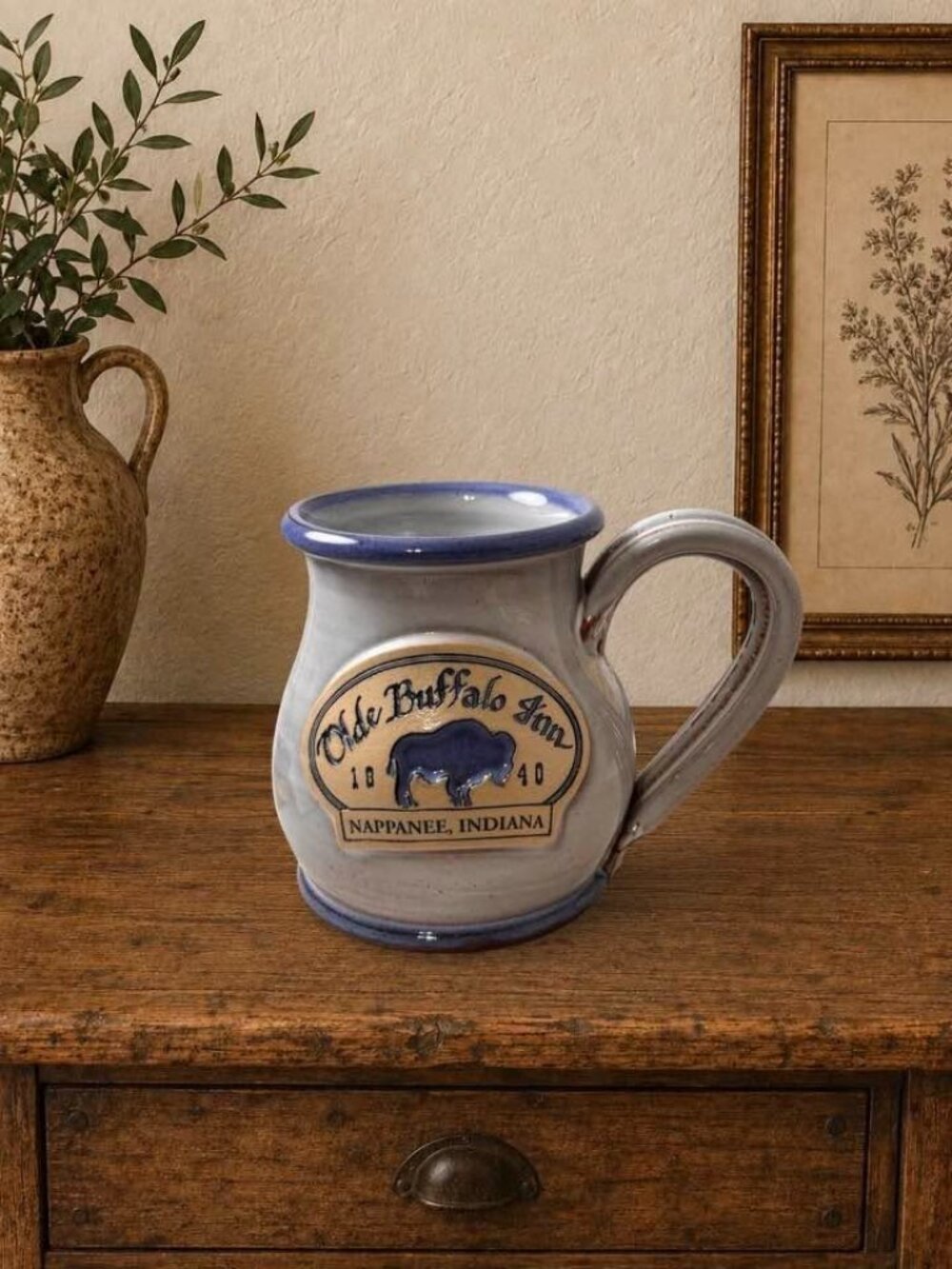 Deneen Pottery Hand Thrown Mug Blue Olde Buffalo Inn Nappanee Bed and Breakfast